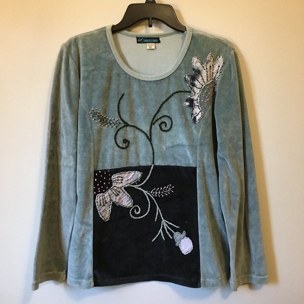 100% Cotton Leopards & Roses Eucalyptus Floral Embroidered Velour Sweater XL